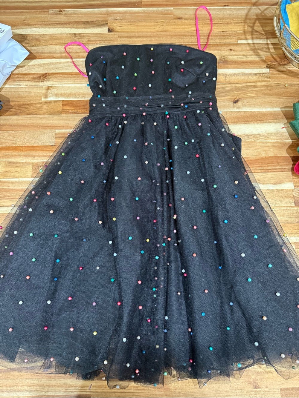 Betsey Johnson Black Tulle Party Dress with Multicolor Bead Dots